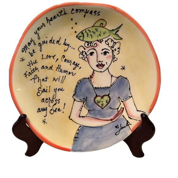 Julia Junkin Studio Pottery Plate Gone Fishing 8” Decor Display Plate Signed - Picture 3 of 4